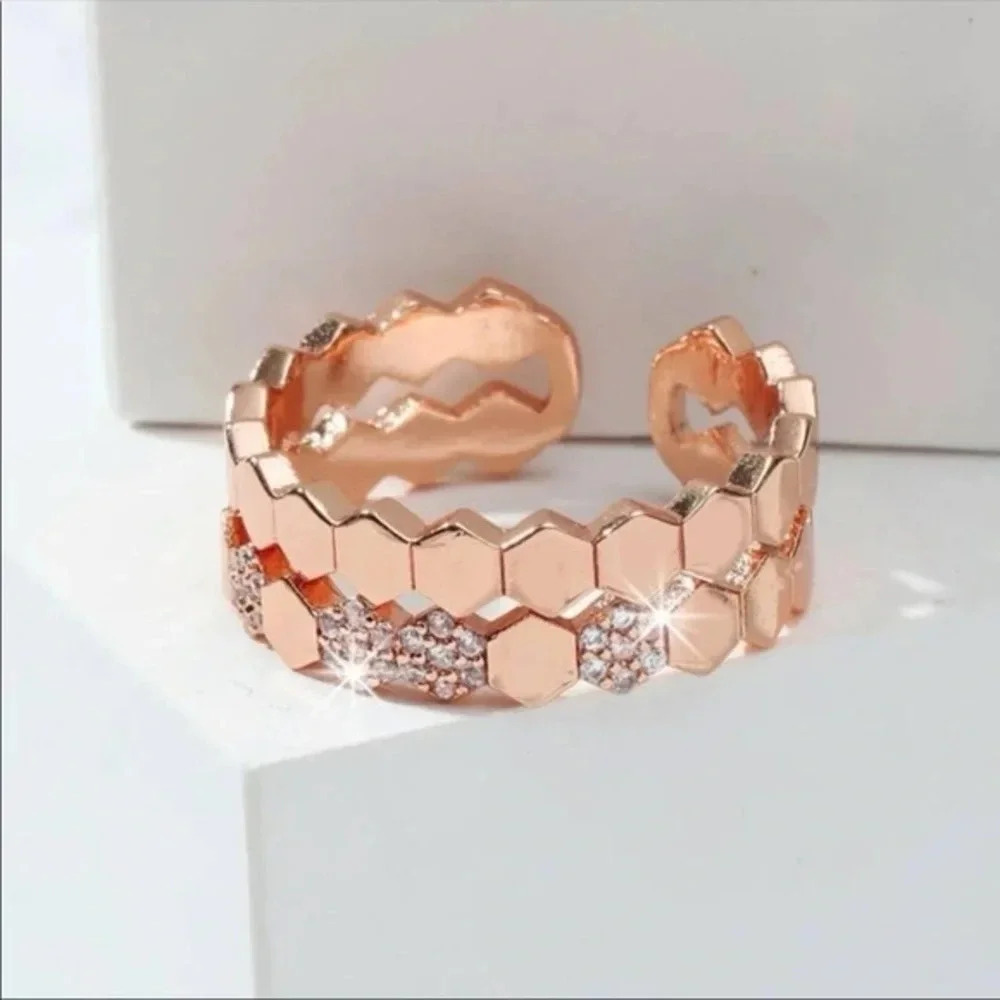 Adjustable Rose Gold Hexagon Cuff Ring | Dainty Crystal Band
